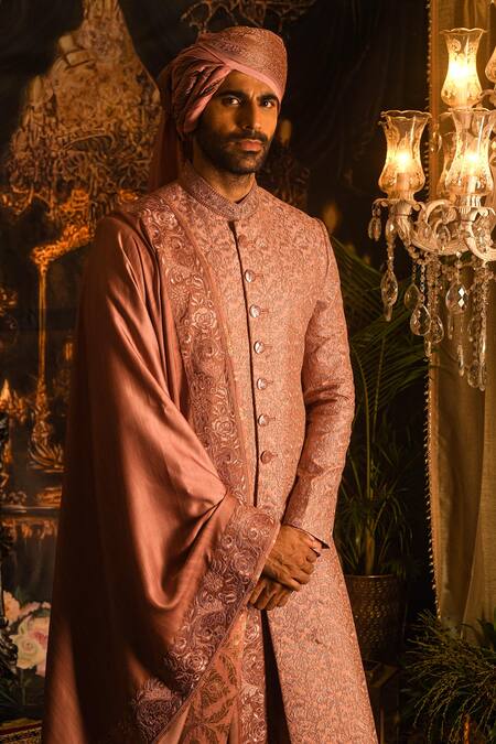 Buy_Punit Arora_Pink Silk Embroidery, Zari, Sequins Sherwani Set _Online_at_Aza_Fashions
