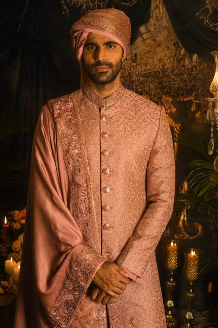 Shop_Punit Arora_Pink Silk Embroidery, Zari, Sequins Sherwani Set _Online_at_Aza_Fashions