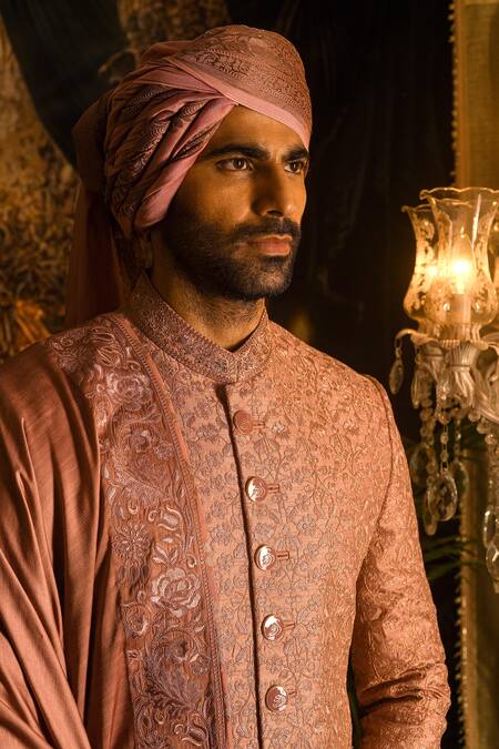 Punit Arora_Pink Silk Embroidery, Zari, Sequins Sherwani Set _at_Aza_Fashions