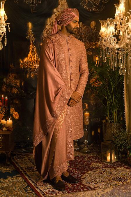Shop_Punit Arora_Pink Silk Embroidery, Zari, Sequins Sherwani Set 