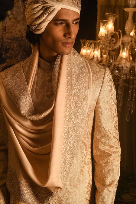 Buy_Punit Arora_Beige Silk Embroidery, Sequins, Zari Sherwani Set _Online_at_Aza_Fashions