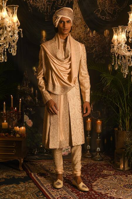 Shop_Punit Arora_Beige Silk Embroidery, Sequins, Zari Sherwani Set _Online_at_Aza_Fashions