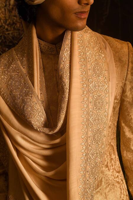 Punit Arora_Beige Silk Embroidery, Sequins, Zari Sherwani Set _at_Aza_Fashions