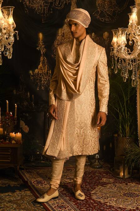 Buy_Punit Arora_Beige Silk Embroidery, Sequins, Zari Sherwani Set 