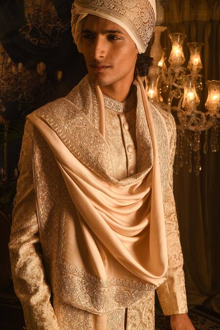 Shop_Punit Arora_Beige Silk Embroidery, Sequins, Zari Sherwani Set 
