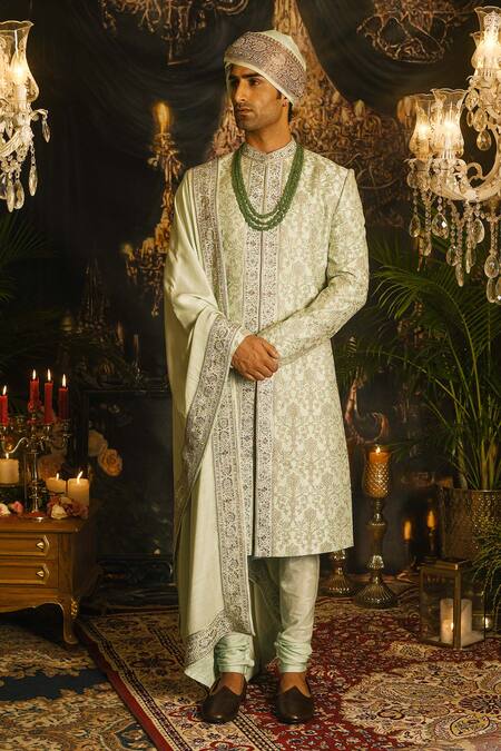 Punit Arora_Green Silk Embroidery, Sequins, Zari, Dabka Work Thread Sherwani Set _Online_at_Aza_Fashions