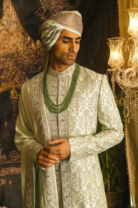 Punit Arora_Green Silk Embroidery, Sequins, Zari, Dabka Work Thread Sherwani Set _at_Aza_Fashions