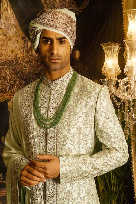 Shop_Punit Arora_Green Silk Embroidery, Sequins, Zari, Dabka Work Thread Sherwani Set 