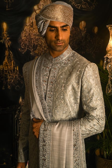 Punit Arora_Grey Silk Sequins, Zari, Stones Work Sherwani Set _Online_at_Aza_Fashions