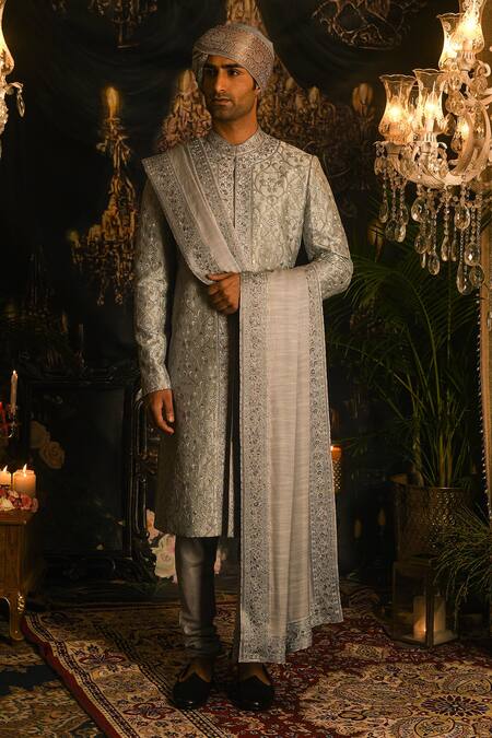 Buy_Punit Arora_Grey Silk Sequins, Zari, Stones Work Sherwani Set _Online_at_Aza_Fashions