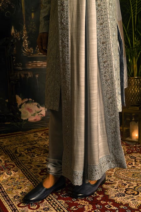Shop_Punit Arora_Grey Silk Sequins, Zari, Stones Work Sherwani Set _Online_at_Aza_Fashions