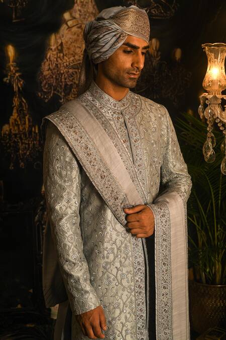 Buy_Punit Arora_Grey Silk Sequins, Zari, Stones Work Sherwani Set 
