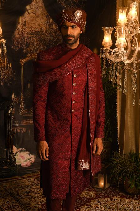 Punit Arora_Maroon Silk Embroidery, Sequins, Zari Sherwani Set _Online_at_Aza_Fashions