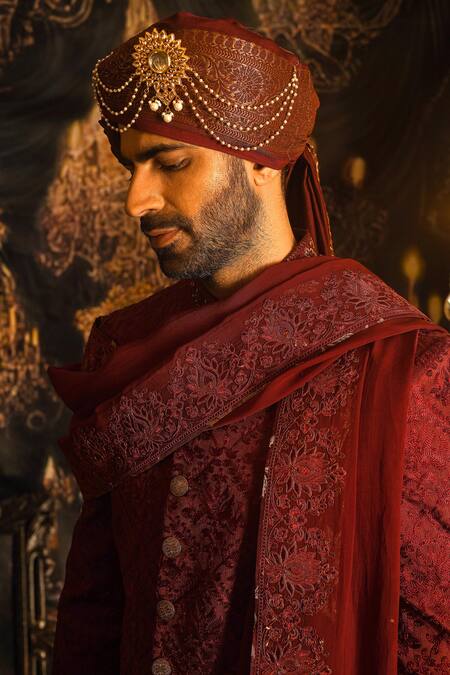 Buy_Punit Arora_Maroon Silk Embroidery, Sequins, Zari Sherwani Set _Online_at_Aza_Fashions