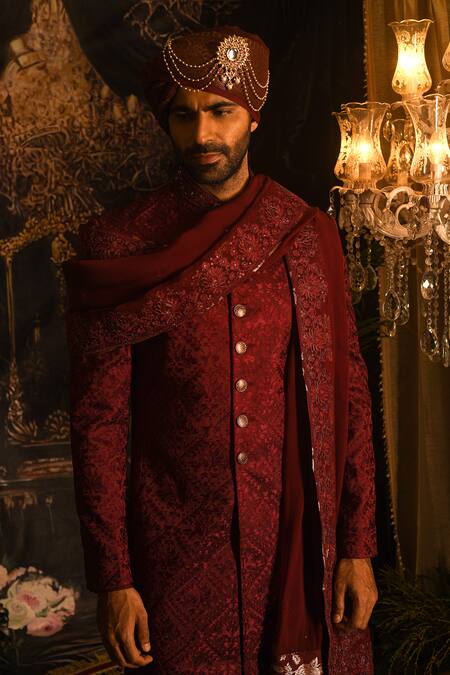 Punit Arora_Maroon Silk Embroidery, Sequins, Zari Sherwani Set _at_Aza_Fashions