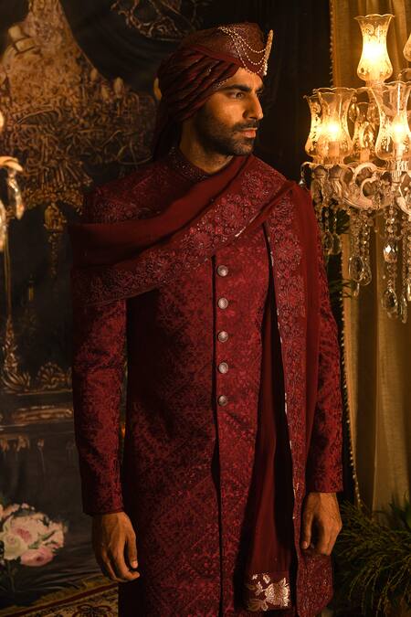 Buy_Punit Arora_Maroon Silk Embroidery, Sequins, Zari Sherwani Set 