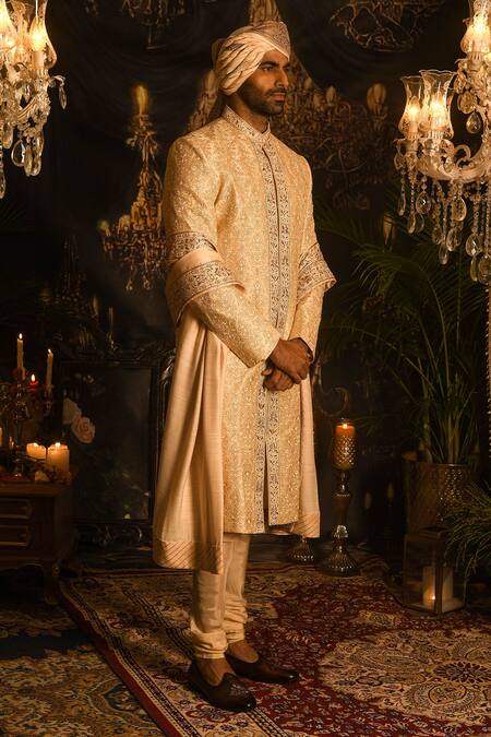 Punit Arora_Gold Silk Sequins, Zari Threadwork Embroidered Sherwani Set _Online_at_Aza_Fashions