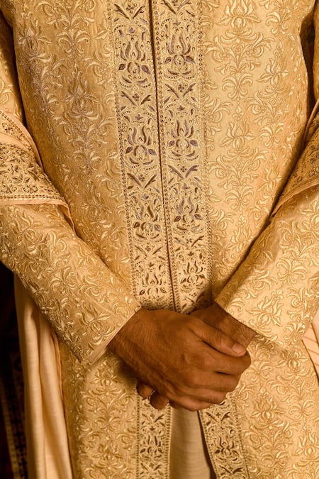 Shop_Punit Arora_Gold Silk Sequins, Zari Threadwork Embroidered Sherwani Set _Online_at_Aza_Fashions
