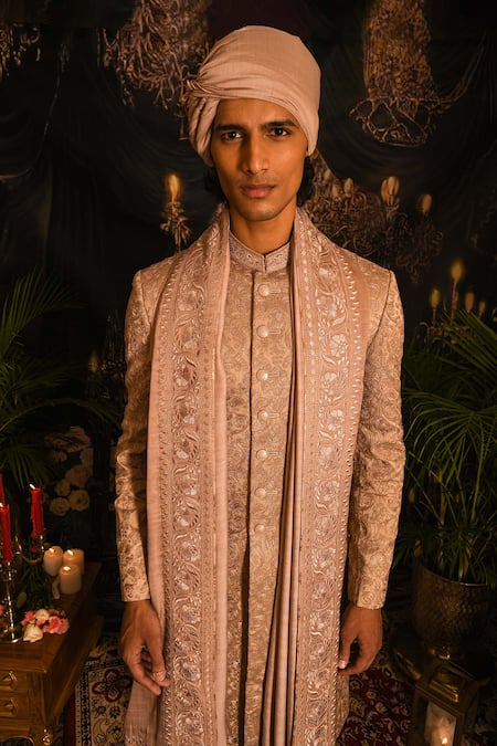 Buy_Punit Arora_Gold Silk Embroidery, Zari Resham Sherwani Set _Online_at_Aza_Fashions