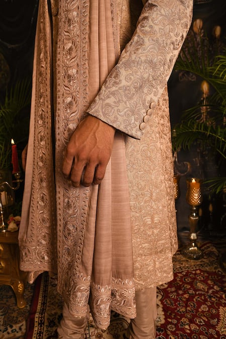 Shop_Punit Arora_Gold Silk Embroidery, Zari Resham Sherwani Set _Online_at_Aza_Fashions