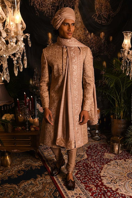Buy_Punit Arora_Gold Silk Embroidery, Zari Resham Sherwani Set 