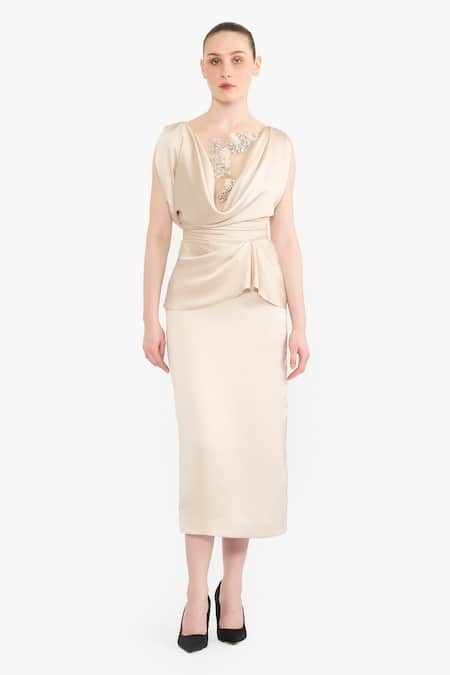 Gauri & Nainika Cowl Neck Draped Pencil Dress 