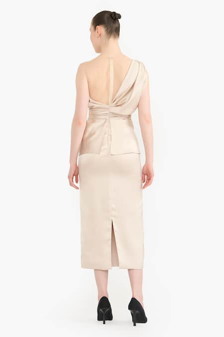 Gauri & Nainika Cowl Neck Draped Pencil Dress 