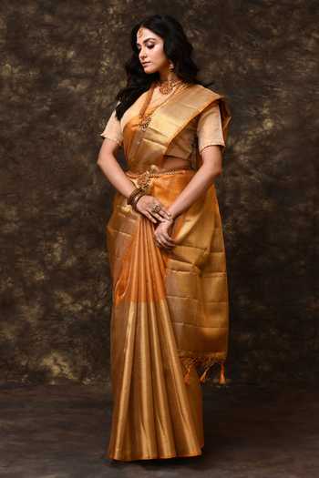 Vishwa By Pinki Sinha_Gold Tissue Zari Woven Saree With Running Blouse _Online_at_Aza_Fashions