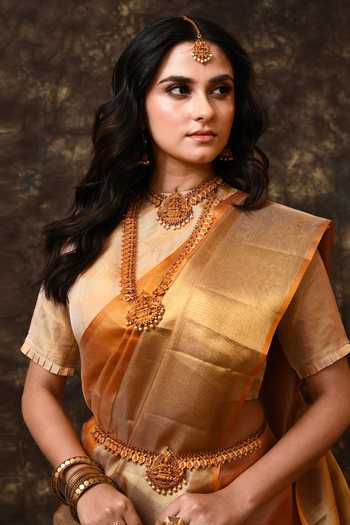 Shop_Vishwa By Pinki Sinha_Gold Tissue Zari Woven Saree With Running Blouse _Online_at_Aza_Fashions