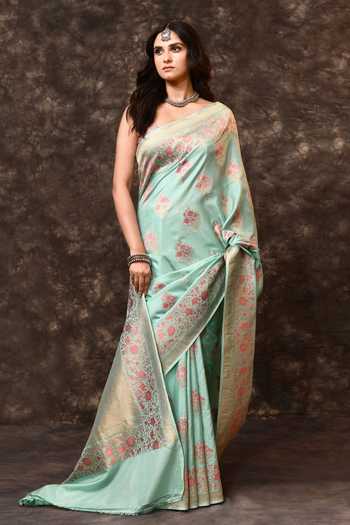 Buy_Vishwa By Pinki Sinha_Blue Silk Zari Floral Woven Saree With Running Blouse _Online_at_Aza_Fashions