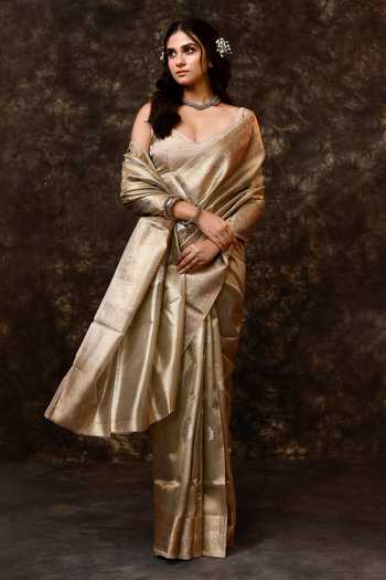 Buy_Vishwa By Pinki Sinha_Green Tissue Zari Border Woven Saree With Running Blouse _Online_at_Aza_Fashions