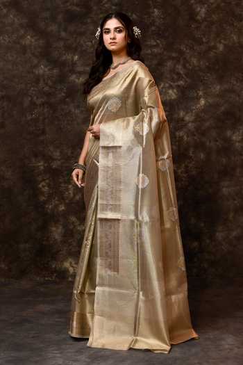 Shop_Vishwa By Pinki Sinha_Green Tissue Zari Border Woven Saree With Running Blouse _Online_at_Aza_Fashions