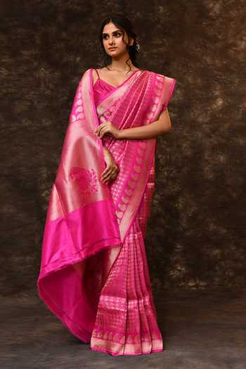 Buy_Vishwa By Pinki Sinha_Pink Silk Zari Checkered Woven Saree With Running Blouse_Online_at_Aza_Fashions