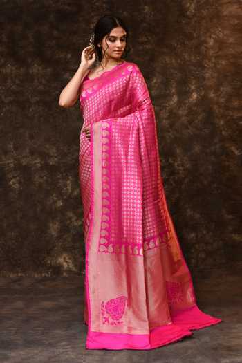 Shop_Vishwa By Pinki Sinha_Pink Silk Zari Checkered Woven Saree With Running Blouse_Online_at_Aza_Fashions
