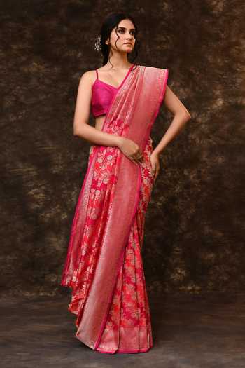 Vishwa By Pinki Sinha_Pink Silk Zari Saree With Running Blouse _Online_at_Aza_Fashions