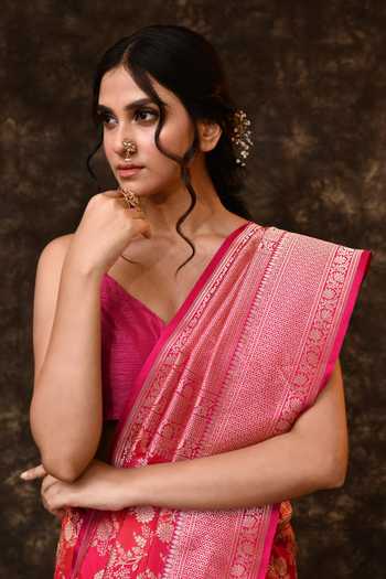 Buy_Vishwa By Pinki Sinha_Pink Silk Zari Saree With Running Blouse _Online_at_Aza_Fashions