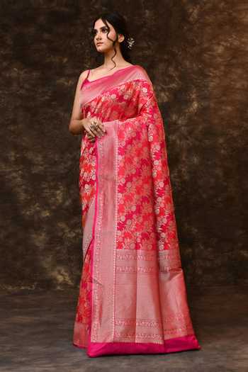 Shop_Vishwa By Pinki Sinha_Pink Silk Zari Saree With Running Blouse _Online_at_Aza_Fashions
