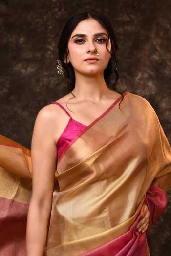Vishwa By Pinki Sinha_Pink Tissue Zari Colorblock Woven Saree With Running Blouse _Online_at_Aza_Fashions