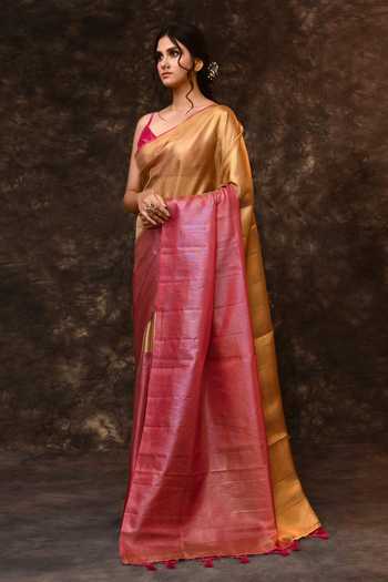 Buy_Vishwa By Pinki Sinha_Pink Tissue Zari Colorblock Woven Saree With Running Blouse _Online_at_Aza_Fashions