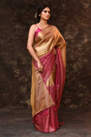 Vishwa By Pinki Sinha_Pink Tissue Zari Colorblock Woven Saree With Running Blouse _at_Aza_Fashions