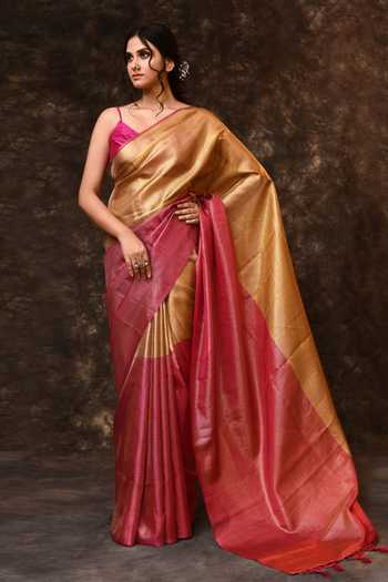Buy_Vishwa By Pinki Sinha_Pink Tissue Zari Colorblock Woven Saree With Running Blouse 