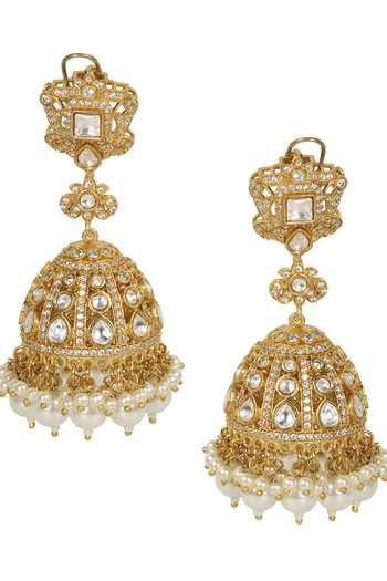 Shop Amreli Jaipur White Pearls, Stones Embellished Jhumka Earrings at Aza Fashions Shop_Amreli Jaipur_White Pearls, Stones Embellished Jhumka Earrings _at_Aza_Fashions