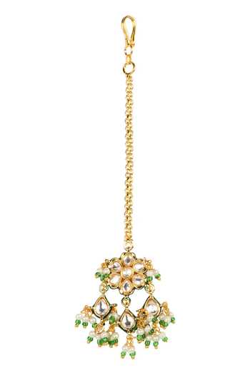 Shop Amreli Jaipur Green Beads, Pearls, Stones Embellished Maangtikka at Aza Fashions Shop_Amreli Jaipur_Green Beads, Pearls, Stones Embellished Maangtikka _at_Aza_Fashions