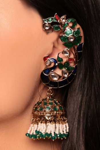 Amreli Jaipur_Multi Color Beads, Pearls, Stones Carved Kundan Jhumkas _Online_at_Aza_Fashions