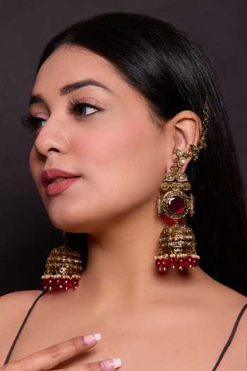 Amreli Jaipur_Pink Beads, Pearls, Stones, Embellished Jhumkas _Online_at_Aza_Fashions