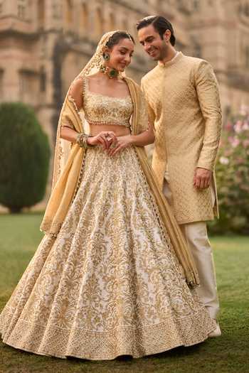 Shop_Seema Gujral_Ivory Silk, Net Embroidery, Sequins, Beads, Zari, Tassels, Bridal Lehenga Set 