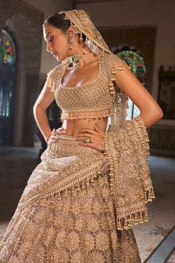 Buy_Seema Gujral_Gold Net Sequins, Beads, Pearls, Tassels Scoop Embroidered Bridal Lehenga Set 