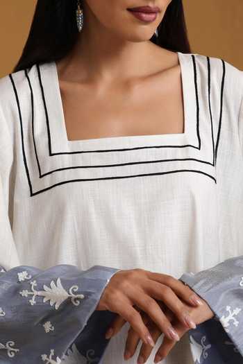 Wazir C_Blue Silk, Linen Embroidery Square Neck Kashmiri Aari Maxi Dress _Online_at_Aza_Fashions