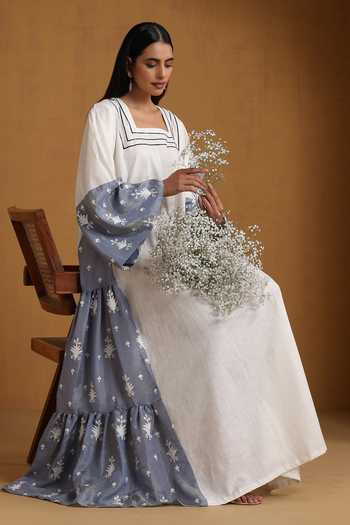 Buy_Wazir C_Blue Silk, Linen Embroidery Square Neck Kashmiri Aari Maxi Dress _Online_at_Aza_Fashions