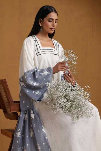 Shop_Wazir C_Blue Silk, Linen Embroidery Square Neck Kashmiri Aari Maxi Dress _Online_at_Aza_Fashions